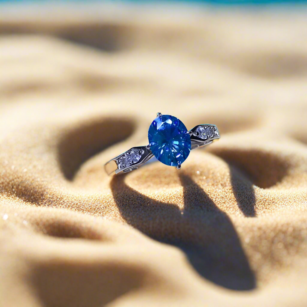 AuroraLuxe™ – 2-Carat Blue Moissanite & 18K Gold-Plated Silver Ring