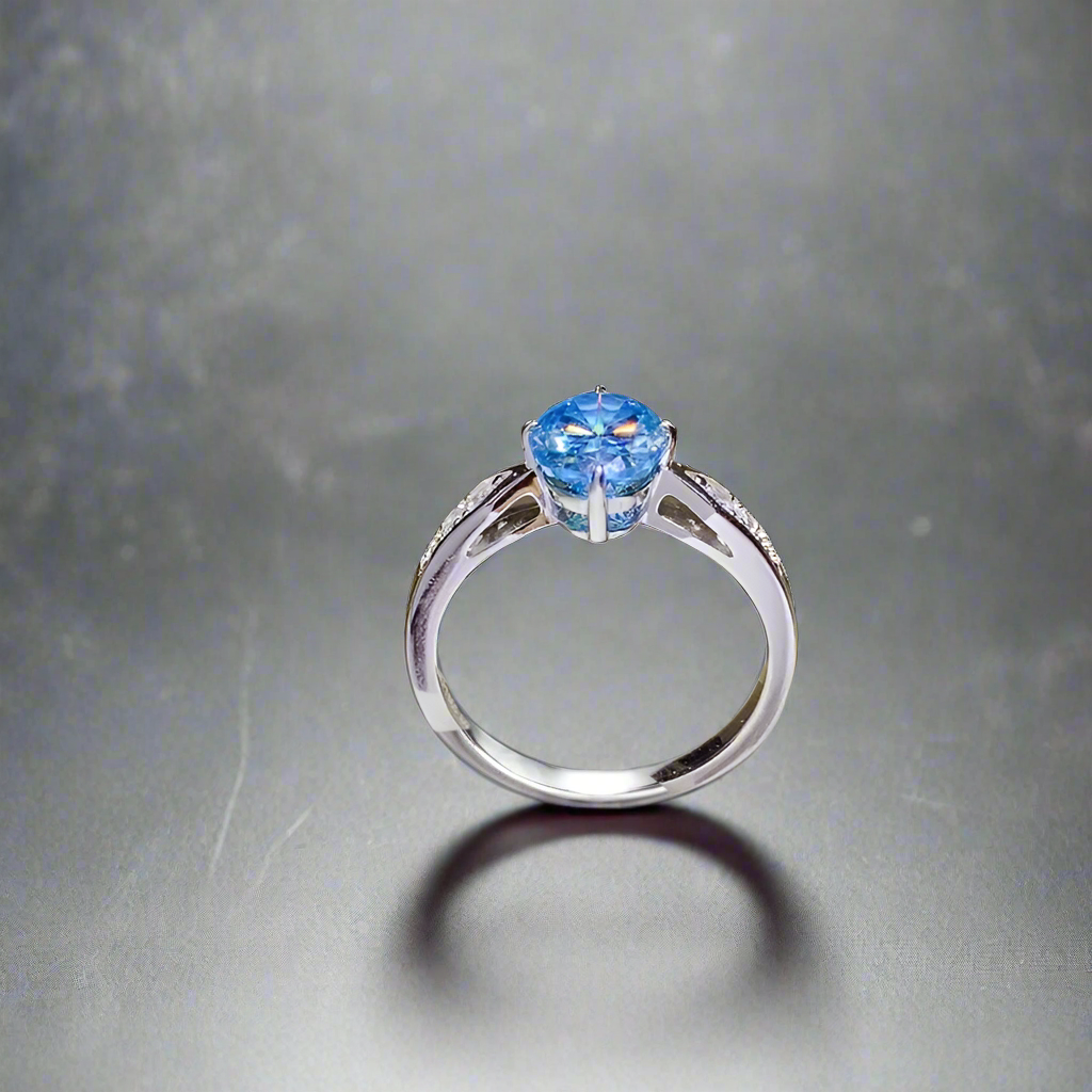 AuroraLuxe™ – 2-Carat Blue Moissanite & 18K Gold-Plated Silver Ring
