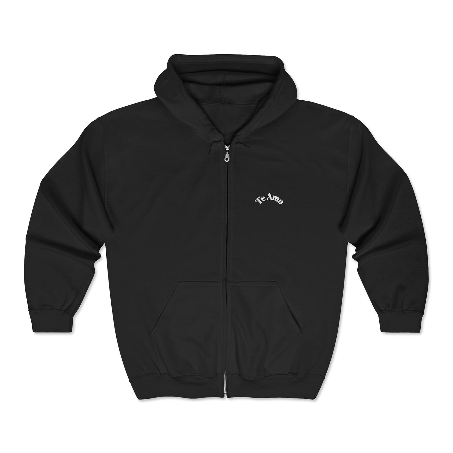 Black hoodie with a small logo on the chest against a white background