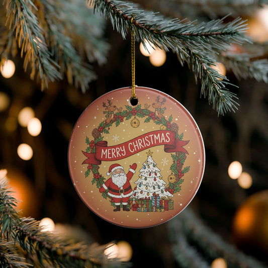 Round Christmas ornament with Santa Claus and tree design hanging on a tree.