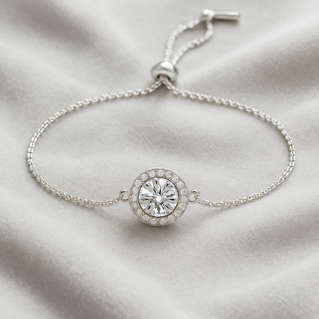 Silver bracelet with a round crystal charm on a light fabric background