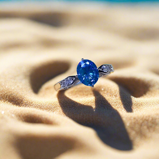 AuroraLuxe™ – 2-Carat Blue Moissanite & 18K Gold-Plated Silver Ring