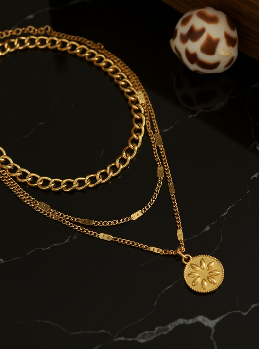 Layered Necklace with Sun Medallion Pendant